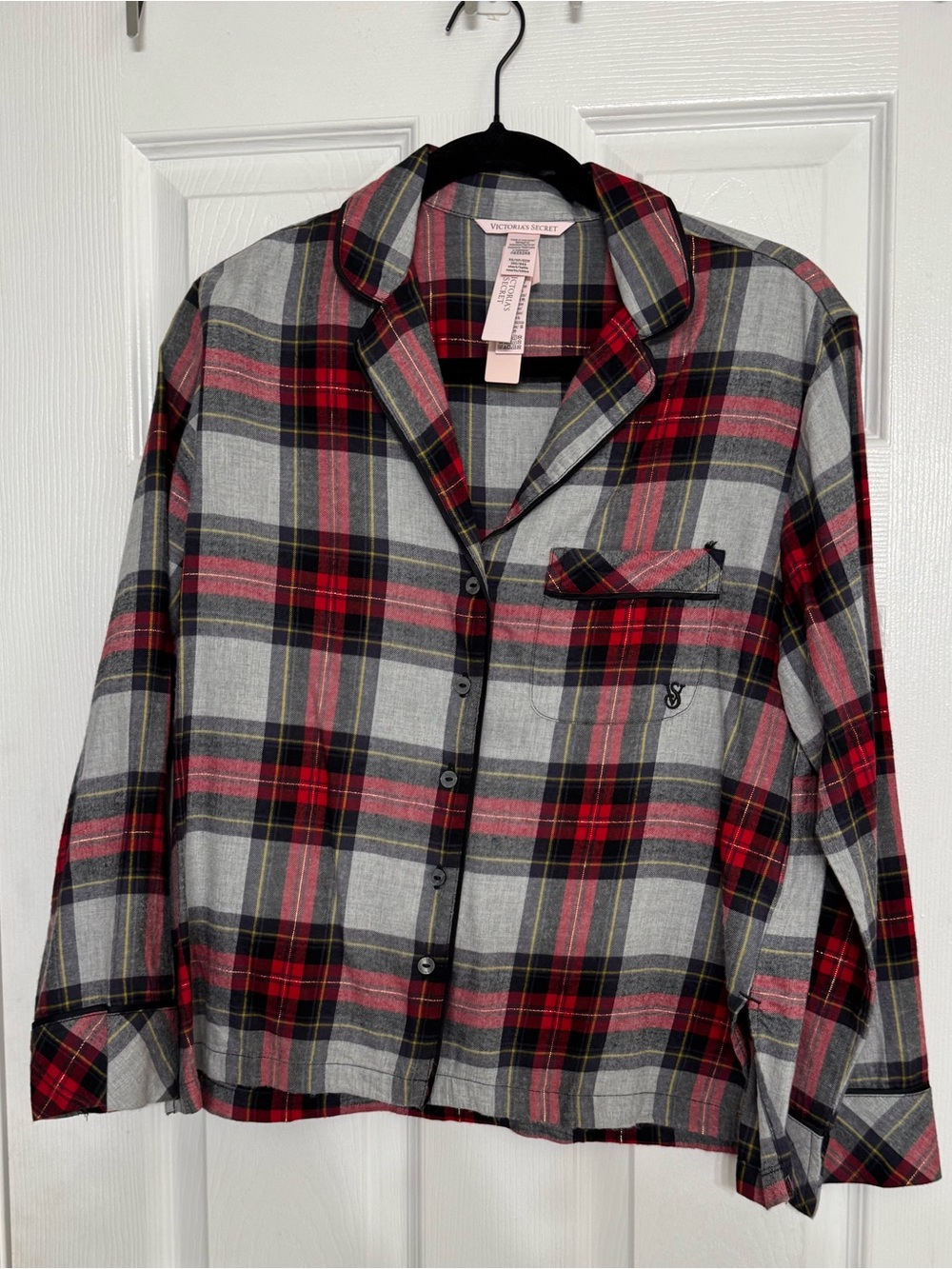 Victoria's Secret Plaid Button-Front Pajama Top in Red, Gray, Black XS